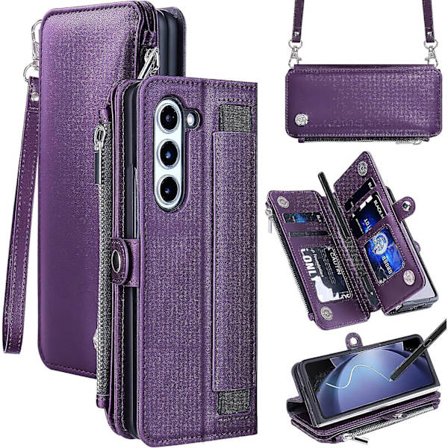 Fodral med dragkedja för Samsung Galaxy Z Fold 5, magnetiskt flipfodral i läder med S Pen-hållare, rem och kortfack