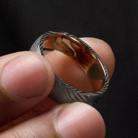Fortis | 7 mm Damascus Steel and Rust Titanium Ring for Men - Steel rings