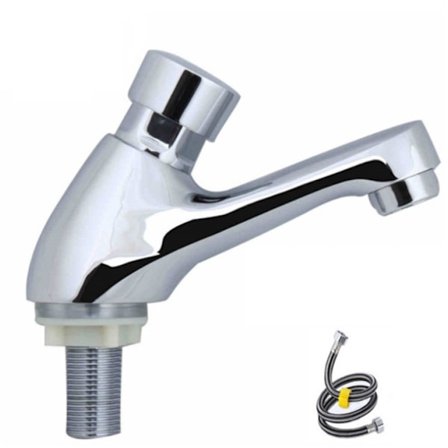 Helt kobber tidsforsinket håndvaskhane, enkelt koldt vand automatisk lukning, tryktype vandbesparende hane (generel messing med slange)