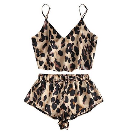 Sexy Leopard Satin Sling Pyjama Set Naisten Tube Topit Shortsit Slee