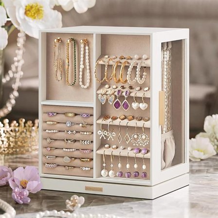 Smyckesställ 360° roterande med lådor och krokar – Vit