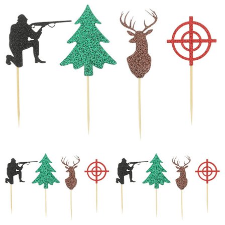 12 stk. bursdagskakedekorasjon med jakttema, cupcake topper, bursdagskaketopper, assortert farge, 11,2 x 4,9 cm