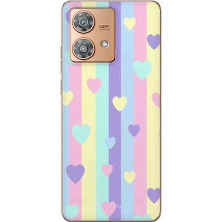 Kompatibel Mobilcover til Motorola Edge 40 Neo Pastelstriber i lyserød, gul, lilla og blå med spredte hjerter i blød kawaii-stil.