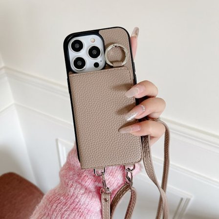 Etui til iPhone 16e Litchi mønster fuld dækning venstre og højre åbning skønhedsspejl kortholder lanyard khaki Kortholder Pebbled Fuld-krops strop