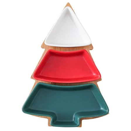 1 set julgranformade uppdelade snacks tallrikar med bambu bricka jul snacks servering tallrik