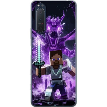 Kompatibelt Mobilskal till Sony Sony Xperia 5 II blockbaserad hjältefigur med svärd framför lila kristalldrake, dramatisk fantasy, pixelestetik och