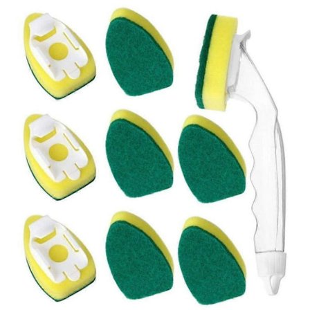 Scotch Brite Opvaskebørste Refill 9 Husholdningsrengøringssvampe Børstehoved og 1 Håndtag Opvask Rengøring til Køkken Udskiftningssvampestav