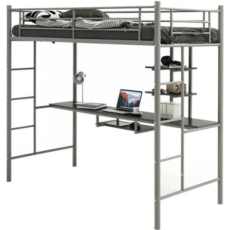 COSTWAY Metal Mezzanine Seng med Skrivebord, 90 x 190 CM, med 2 Hylder, 2 Stiger, Gelænder over Hele Længden, Sølv