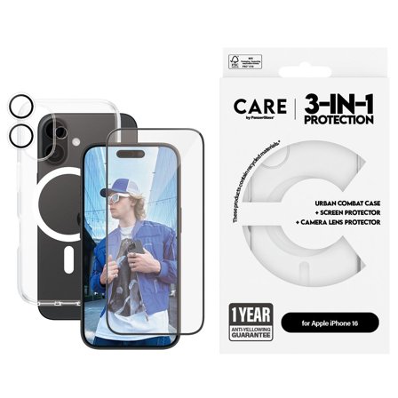 CARE by Panzer Flagship 3-in-1 Bundle iPhone 16 PanzerGlass - High quality tempered glass screen protector