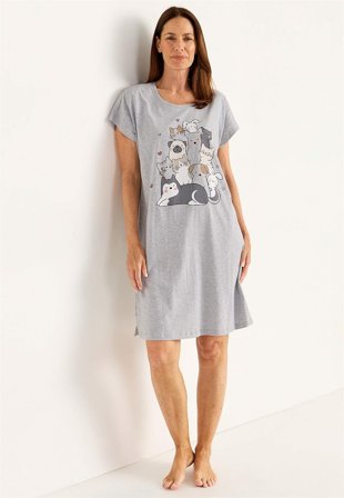Cellbes of Sweden - Kortermet nattkjole i bomull i gråmelert for damer i størrelse 46/48