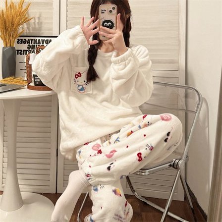 Mub- Flanellipyjama naiset söpö syksy talvi loungewear White KT kissa