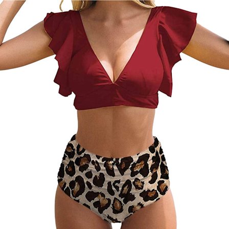 Dame Ruffle Højtaljet Badetøj Todelt Tropisk Print Badetøj