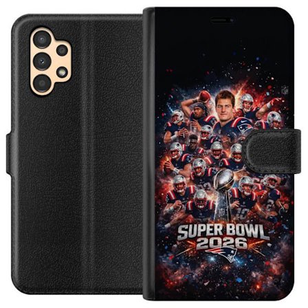 Yhteensopiva Lompakkokotelo Samsung Galaxy A13 Super Bowl 2026 juliste, jossa New England Patriots ja NFL-mestaruuspalkinto räjähtävän urheilullisessa
