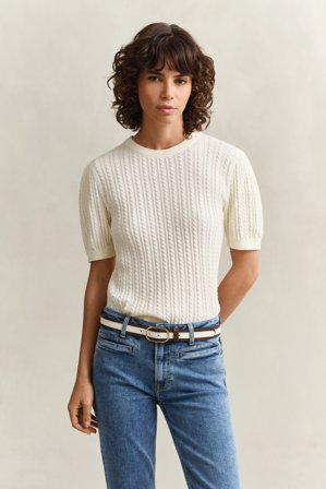 GANT Damen Kurzarmpullover aus Baumwolle mit Zopfmuster (S) Weiß