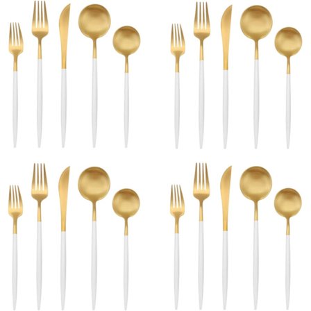 Mat Guld Bestiksæt med hvidt håndtag, 20-delt rustfrit stål bestiksæt, køkkenredskabssæt service til 4, bestiksæt til hjem og restaurant