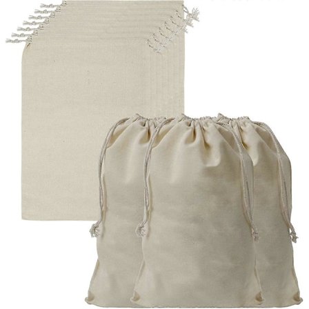10 Bomulls Musslin Dragskopåsar (10-pack) - Tygpåse L 30 X B 20 Cm - Återanvändbar Grönsakspåse i Grönsakscanvas, Biologiskt Nedbrytbar och Ekologisk
