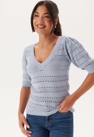 Happy Holly - Short Sleeve Knit Sweater - Light blue
