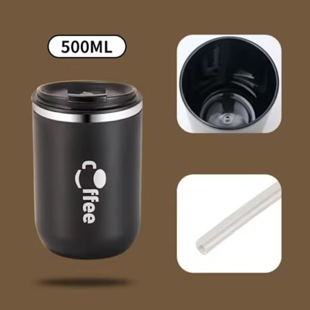 sort;pp-Bærbar dobbeltvægget isoleret lækagesikker krus med sugerør, vandflaske i rustfrit stål med låg, rejsekaffekrus