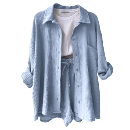 Dame 2-delt bukse sett Lin Skjorte shorts sett Lyseblå