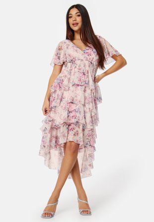 Goddiva Floral Flutter Tiered High Low Dress Pink Klær