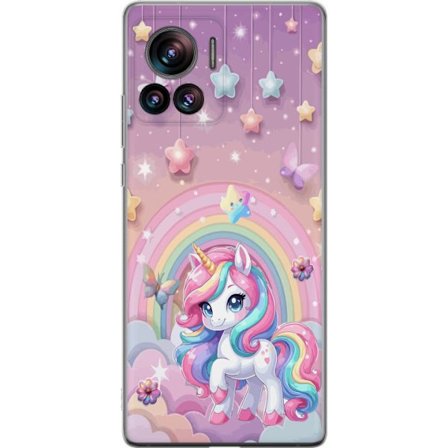 Kompatibel Mobilcover til Motorola Edge 30 Ultra Magisk enhjørning med regnbue manke, stjerner og sommerfugle mod en pastelfarvet himmel med skyer