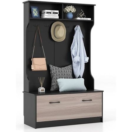 COSTWAY 4i1 Garderobe med Skoholder, Entrémøbelsæt med Bænk og 5 Dobbelte Krogene 100x40x160 CM Sort