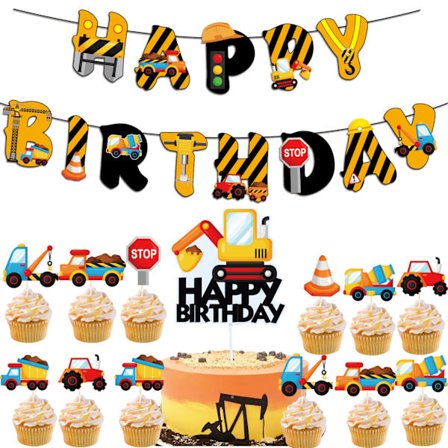 Konstruktion Grattis på födelsedagen Banner och Fordon Lastbil Girlang, Konstruktion Fest Dekoration Set för Födelsedagsfest, Baby Shower