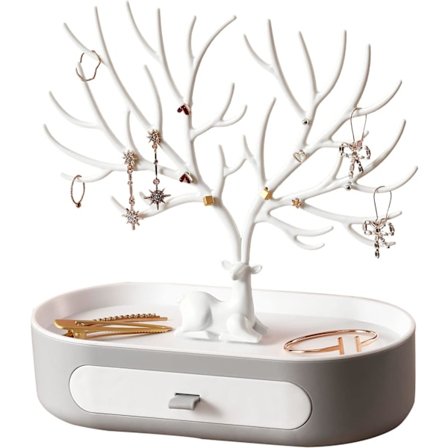 Smykke Træstativ med Skuffer | Smykke Display Stativ | Hvid Grå