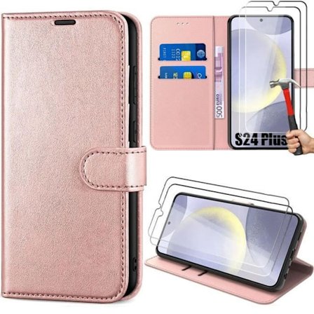 Cover - Efconnection - til Samsung Galaxy S24 Plus - Rosa - Stødabsorberende - Lædeeffekt + Tempered Glass