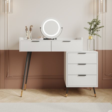 Vitt sminkbord med justerbar LED-spegel – 5 lådor & sidoskåp – Sminkbord för sovrum (utan stolar)