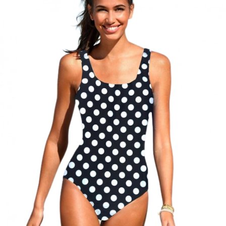 Womens Color Block Print One Piece Swimsuits Athletic Training Swimwear Bathing Suits --- Black Polka Dots (Size L)