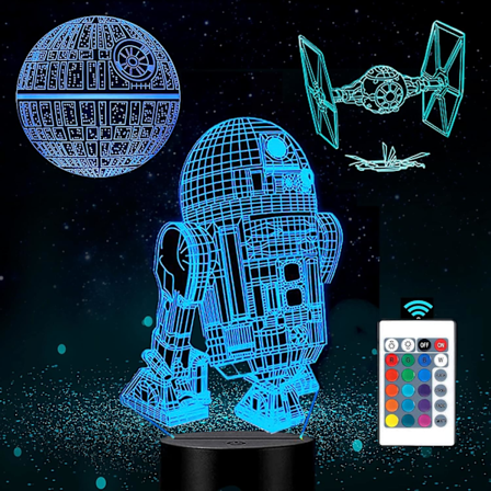 3D LED Tähtien sota Yövalo, 3D Illuusio Lamppu Kolme Kuviota ja 16 Väriä Vaihtava Koriste Lamppu Kaukosäätimellä - Parhaat Lahjat Lapsille