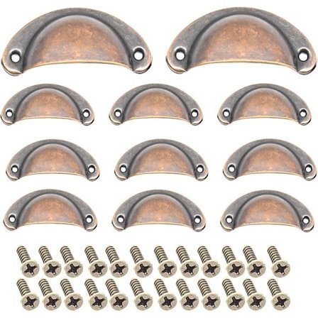 10 sett vintage skuffhåndtak i antikk messing, skjellkopphåndtak, skaphåndtak, møbelknotter, skuffhåndtak med skruer db