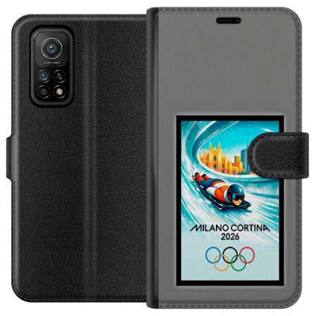 Yhteensopiva Lompakkokotelo Xiaomi Mi 10T Pro 5G Dynaaminen kelkkailija tai skeleton-ajaja jääkanavalla Milanon Cortina 2026 kanssa, kaupunkinäkymä ja