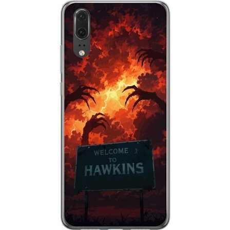 Kompatibel Mobilcover til Huawei P20 Mørk apokalyptisk fantasy scene med brændende himmel og Hawkins-skilt i Stranger Things-stil