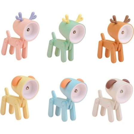 6 Pakke Mini Nattlys, Kreativ Tegneserie Hund & Hjort LED Skrivebordslampe med