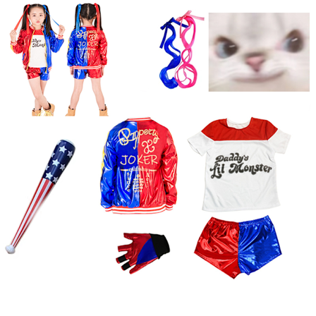 Jud- Harley-Quinn T Shirt Cosplay Costume Women Kids 6 in 1 Set