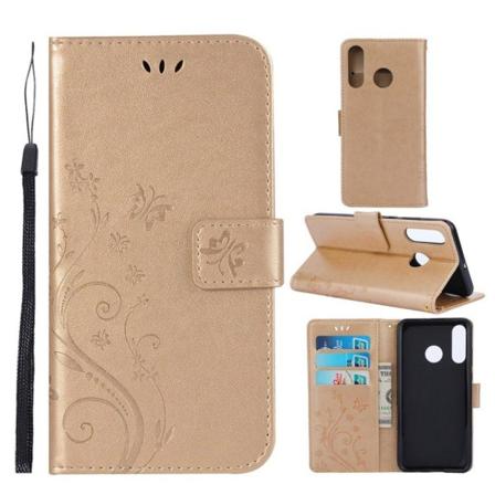 Huawei P30 Lite printti Perhonen Kukka nahkainen suojakotelo - Kulta Gold