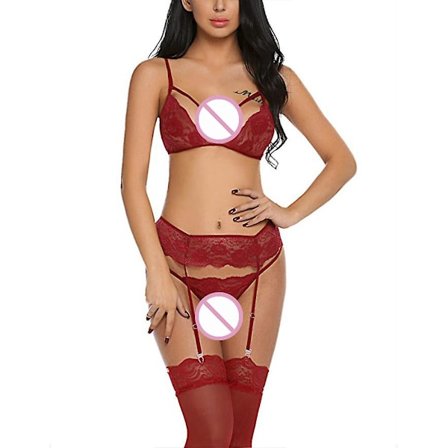 Kvinnors sexiga spets genomskinliga underkläder set bh trosa trosor strumpeband nattkläder sovkläder