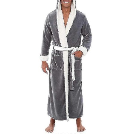 Lang badekåpe med hette for menn, myk morgenkåpe Grå 2XL