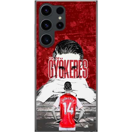 Kompatibelt Mobildeksel til Samsung Galaxy S24 Ultra Rød dramatisk kollasjebilde med Viktor Gyökeres portrett og spillere fra bak på arenaen