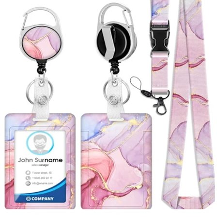 Henkilökorttikotelo, korttikotelo, sisäänvedettävä merkkipidike ja irrotettava kaulanauha erilaisille korteille ja avaimille (Best Seller) pinkki