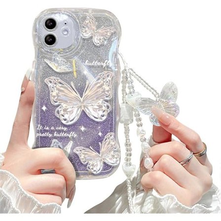 iPhone 12 Fodral Lyx Glitter Sött Fjärilsmönster Bling Skydd Kameraskydd Stötsäkert Telefonskal för Kvinnor Flickor för iPhone 12 Skydd+ Kristall