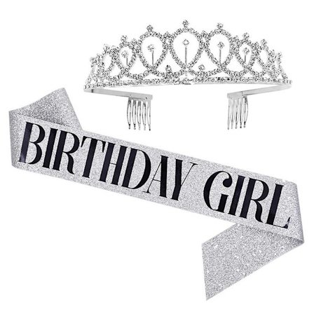 Women Ladies Birthday Queen Tiara And Sash Crystal Crown Headband Shoulder Strap Set