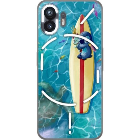 Kompatibel Mobilcover til Nothing Phone (2) Afslappende illustration af Stitch der hviler på et surfbræt i klart turkisfarvet vand