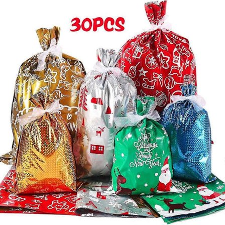 30 stk Julegaveposer i folie med snorer, innpakningssekker Mylar godteposer (Stor Medium Liten) Blå, Grønn-xindaren