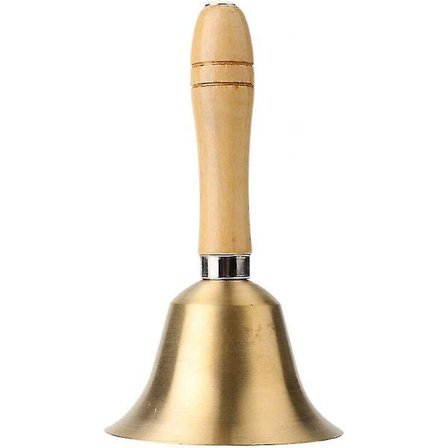 Kiinteä kuparinen käsikello puukahvalla kouluun, vastaanottoon, illalliselle, putiikkiin, hotelliin, kultainen kello