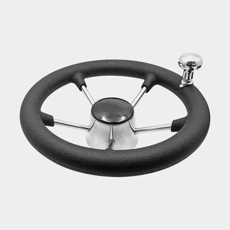 Powerboat steering wheel Savoretti Armando, stainless steel & plastic Ø280 mm, with hub + steering knob, fits 3/4′′ (19 mm) steering shaft, black