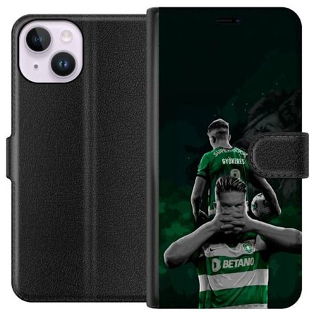 Yhteensopiva Lompakkokotelo Apple iPhone 14 Neonmotiivi, jossa teksti "Gaming is in my DNA" sinisenä ja punaisena tiiliseinällä, jossa loistava DNA-sp