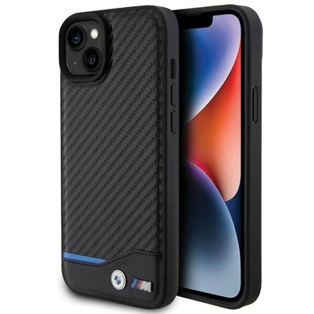 BMW Leather Carbon-etui for iPhone 15 Plus - svart